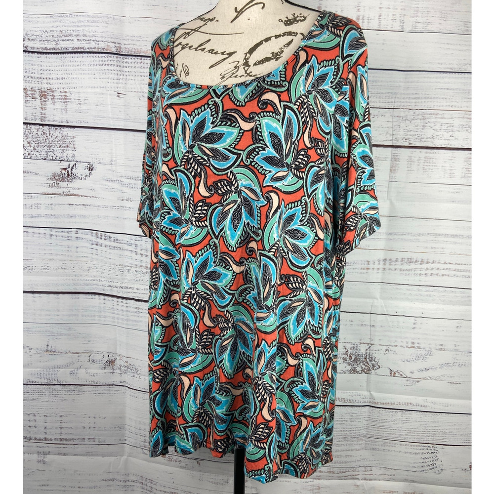 Rose + Olive Shirt Womens 2X Floral Colorful Scoop Neck Short Sleeves Stretch